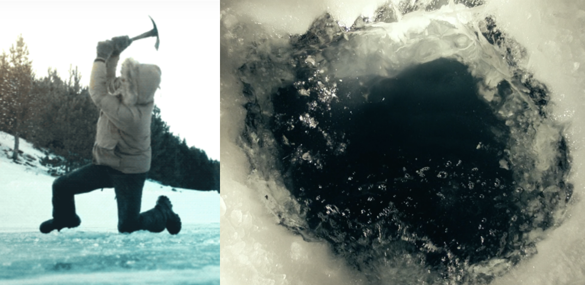 Left: Hank wielding an ice pick to break his son out from under the ice. Right: the hole in the ice into which Peter Prior dumps his father's body.